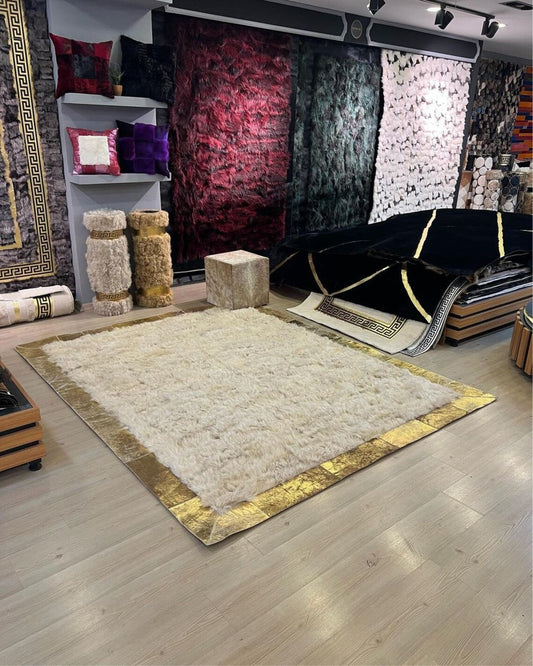 Patchwork Natural Cream Gold Sheepskin Large Decorative Bedroom Carpet