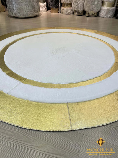 Plush Handmade White And Gold Faux Fur Round Bedroom Decorative Carpet