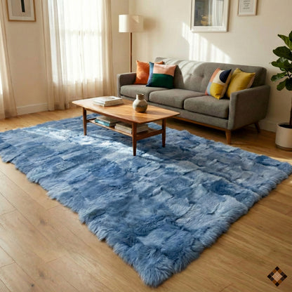 Handmade powder blue sheepskin runner rug crafted from genuine fur. Custom sizes available. Add softness, warmth, and refined elegance to any space.