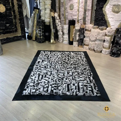 Luxury Handmade Rabbit Fur Rug | Black & Silver Natural Fur Area Rug