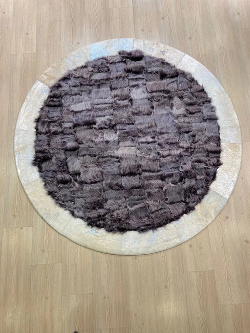 Handmade Patchwork Natural Gray And Gold Sheepskin Round Shaggy Carpet