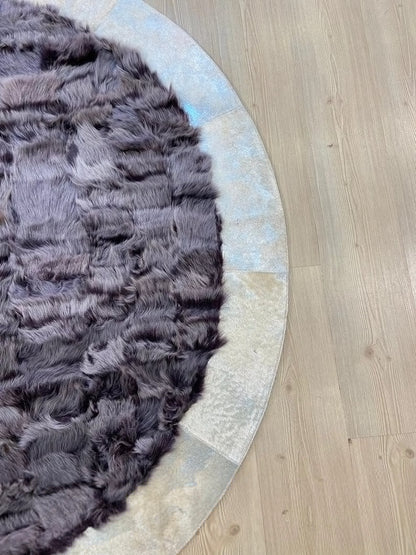 Handmade Patchwork Natural Gray And Gold Sheepskin Round Shaggy Carpet