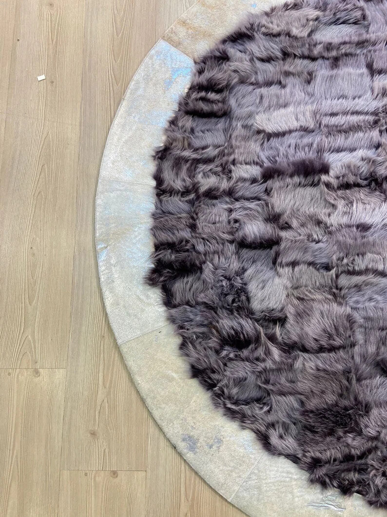 Handmade Patchwork Natural Gray And Gold Sheepskin Round Shaggy Carpet