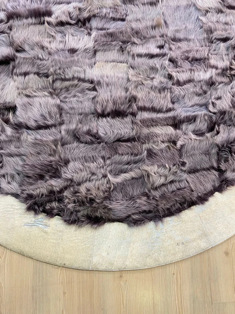 Handmade Patchwork Natural Gray And Gold Sheepskin Round Shaggy Carpet