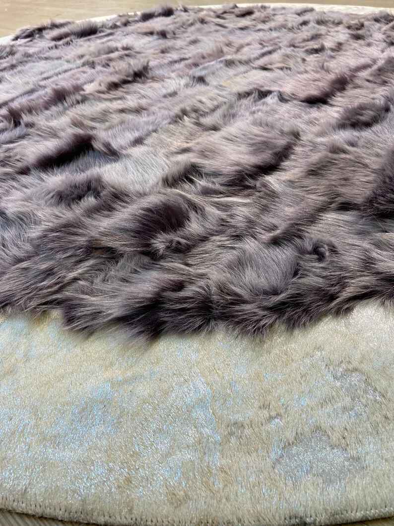 Handmade Patchwork Natural Gray And Gold Sheepskin Round Shaggy Carpet