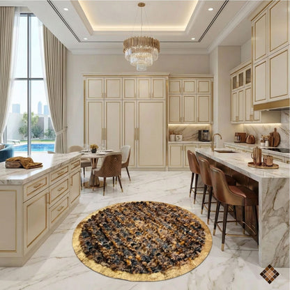 Round Fox Fur Statement Rug with Golden Trim