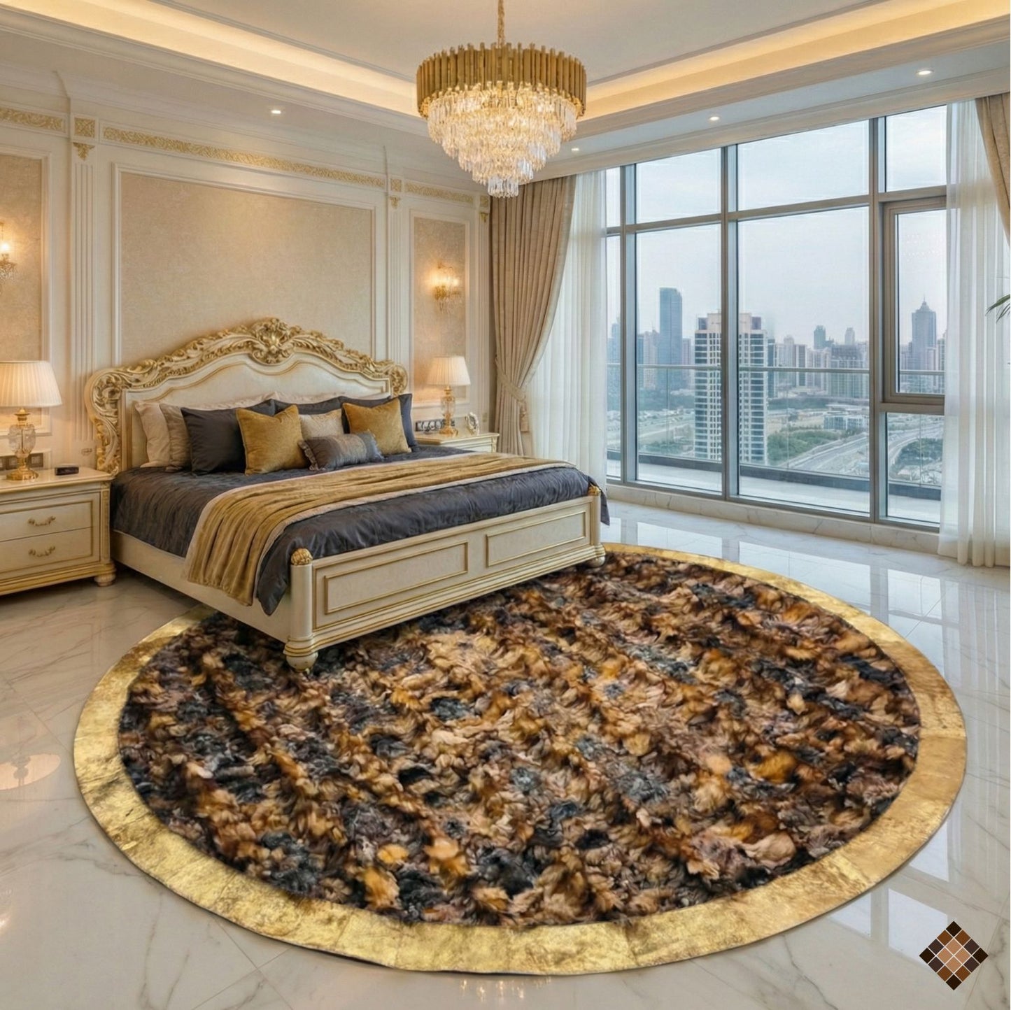 Round Fox Fur Statement Rug with Golden Trim