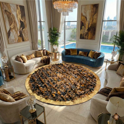 Round Fox Fur Statement Rug with Golden Trim