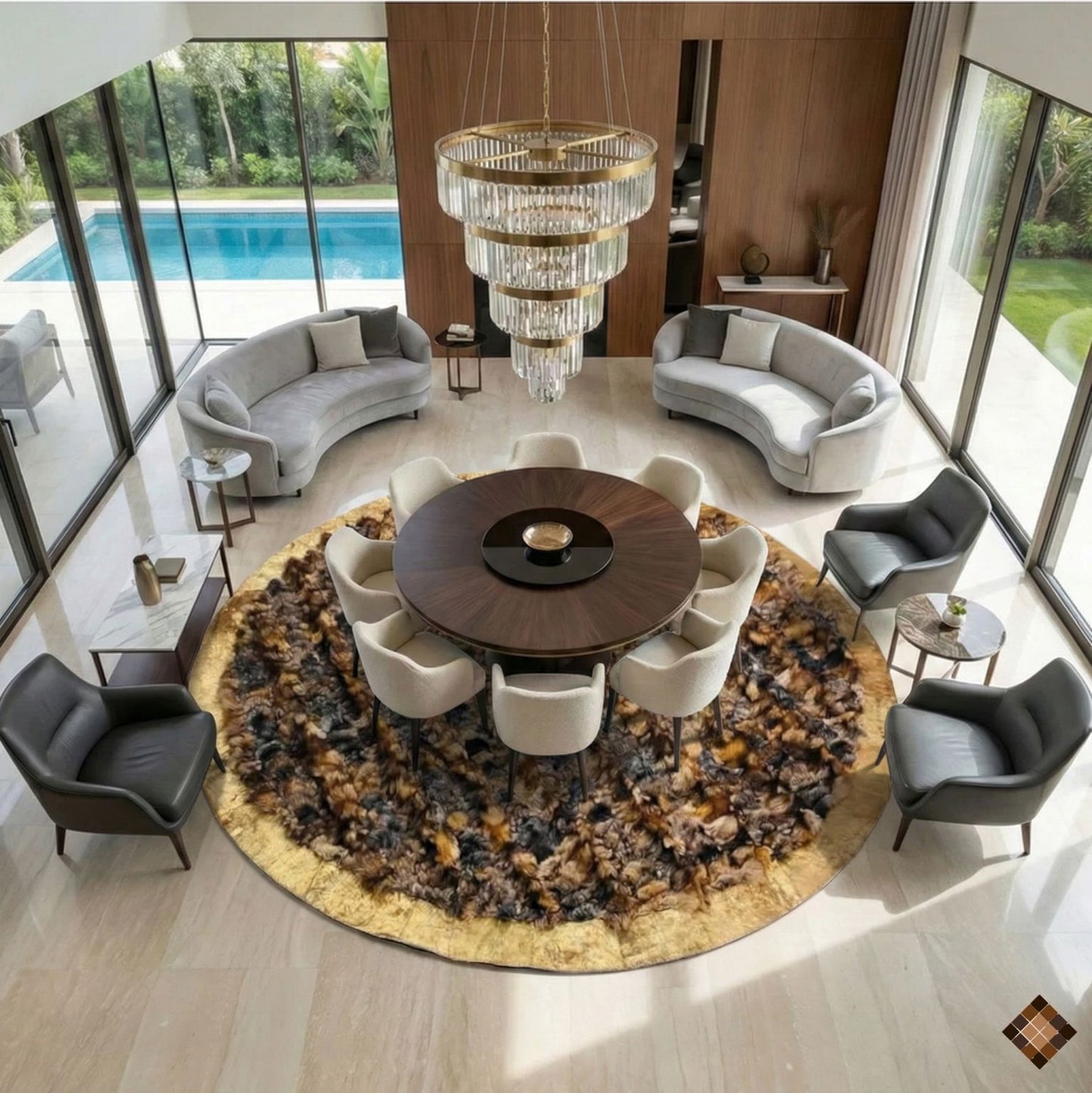 Round Fox Fur Statement Rug with Golden Trim