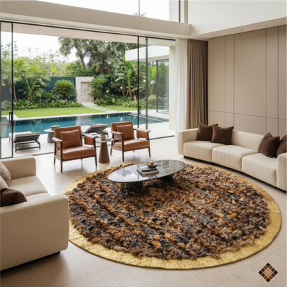 Round Fox Fur Statement Rug with Golden Trim