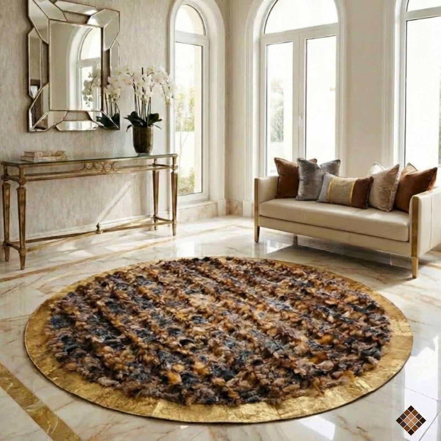Handmade Genuine Fox Fur Round Rug with Gold Border | Luxury Custom Rug