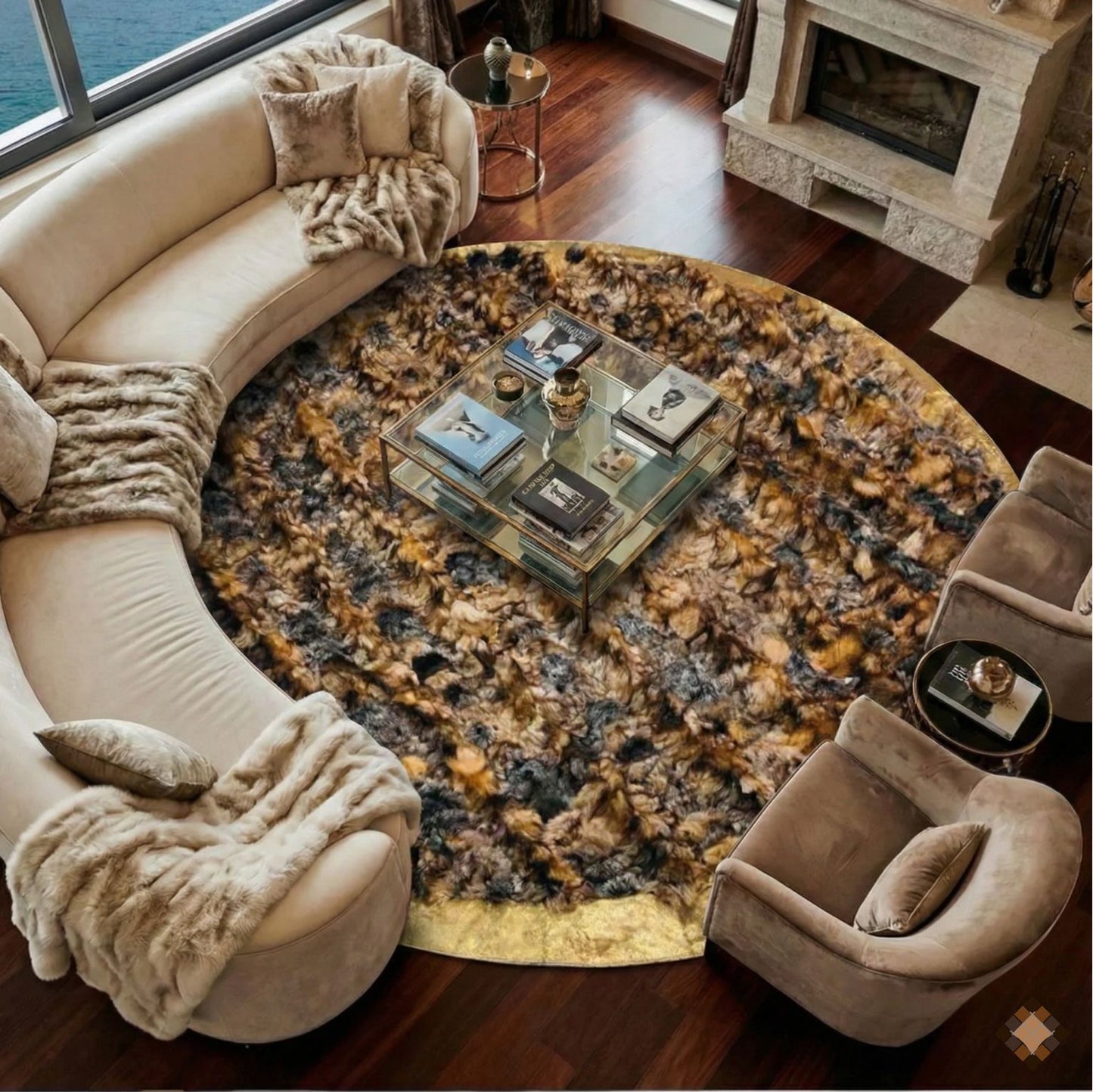 Round Fox Fur Statement Rug with Golden Trim