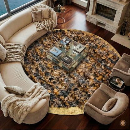 Round Fox Fur Statement Rug with Golden Trim