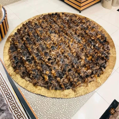 Round Fox Fur Statement Rug with Golden Trim