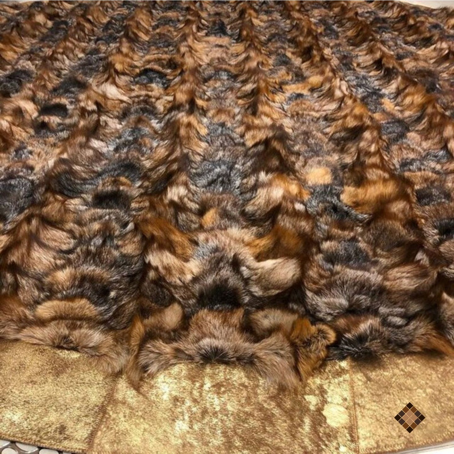 Round Fox Fur Statement Rug with Golden Trim