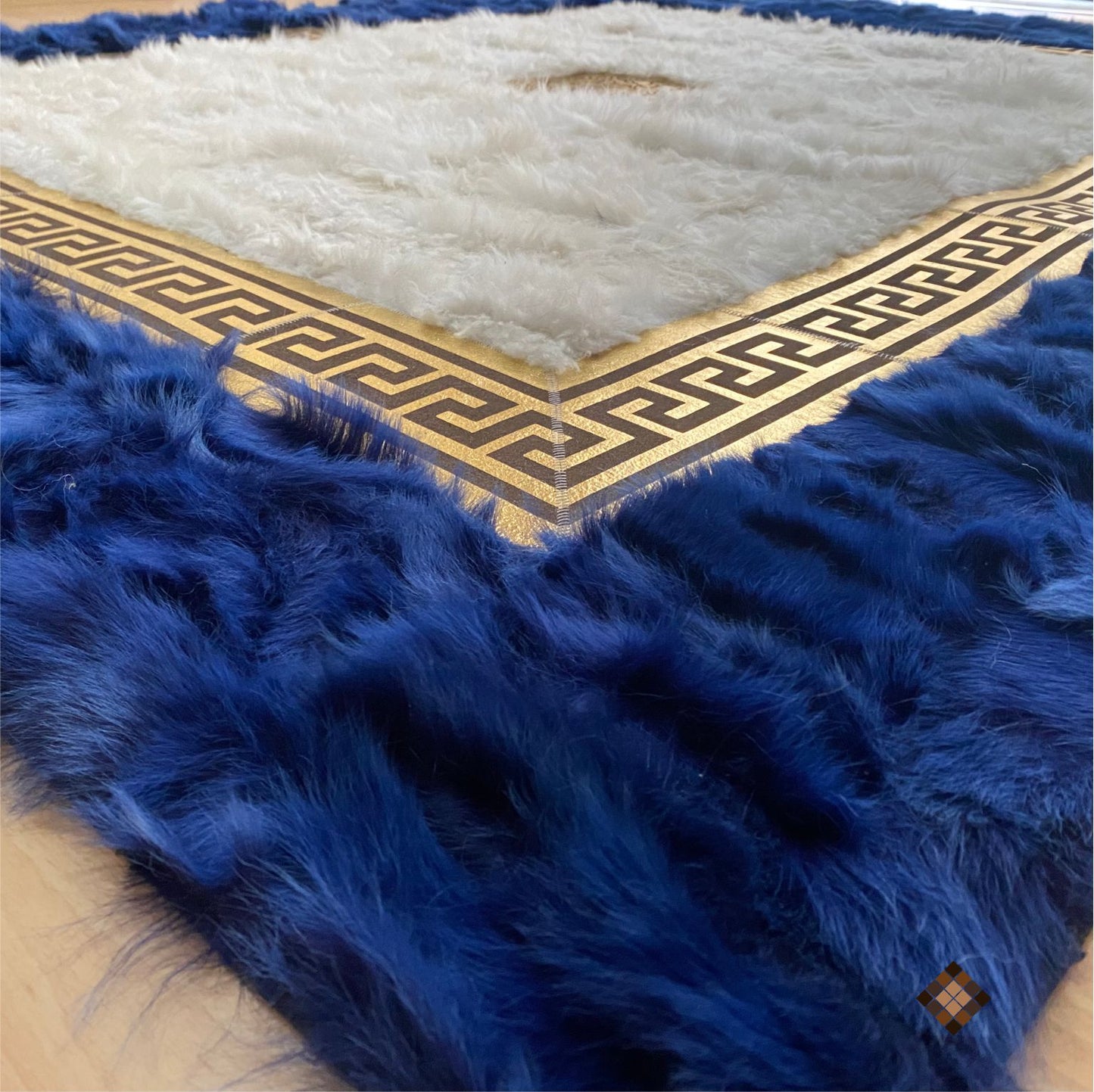 Royal Frame Sheepskin Area Rug with Deep Blue Border