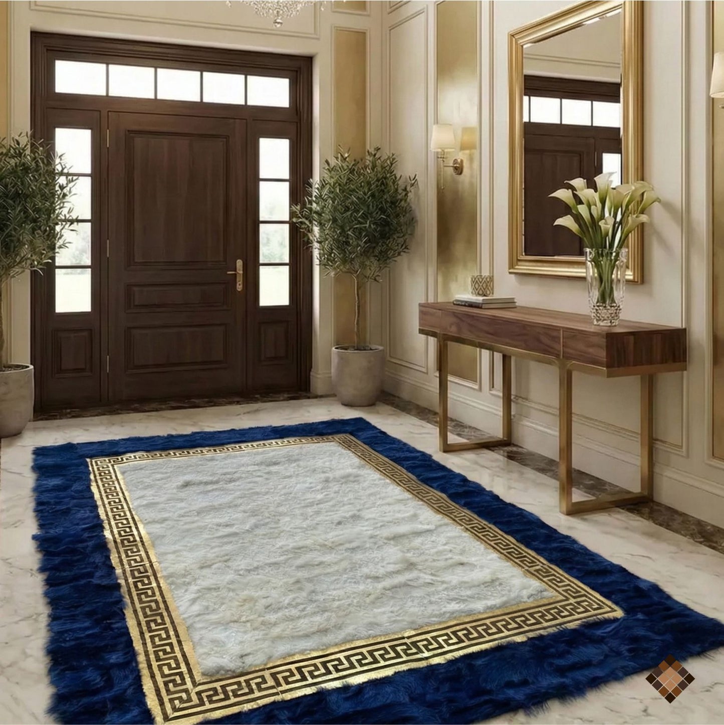 Royal Frame Sheepskin Area Rug with Deep Blue Border