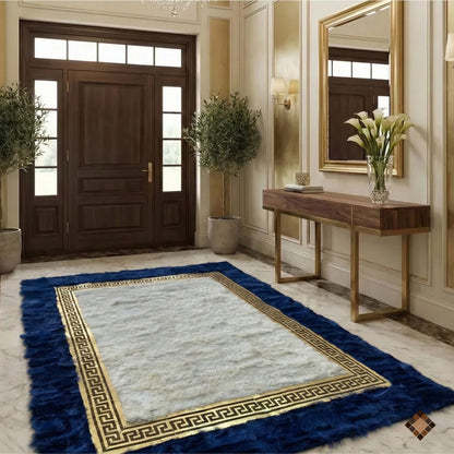 Royal Frame Sheepskin Area Rug with Deep Blue Border