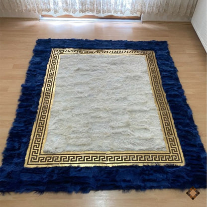 Royal Frame Sheepskin Area Rug with Deep Blue Border
