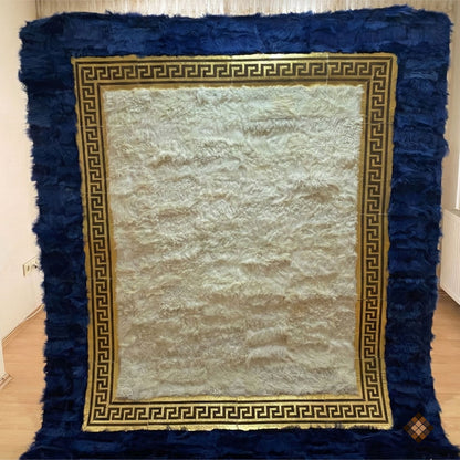 Royal Frame Sheepskin Area Rug with Deep Blue Border