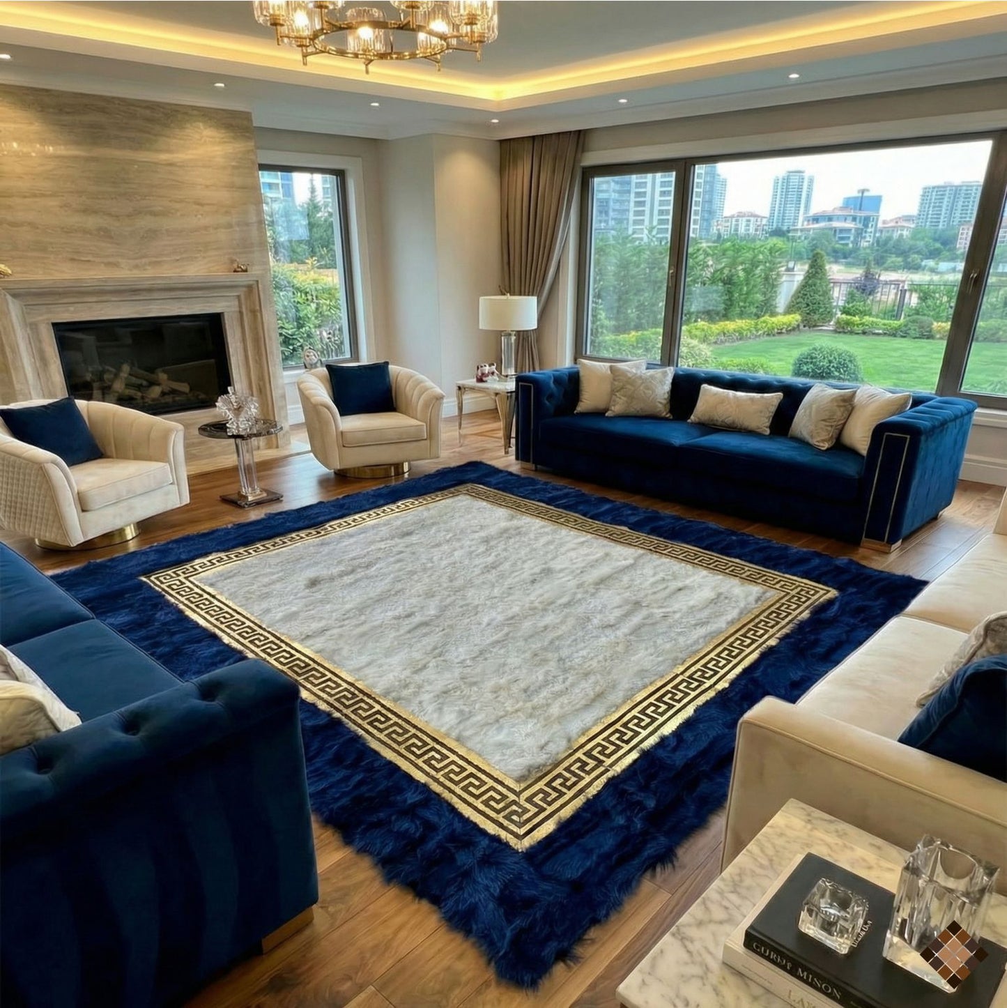 Luxury Sheepskin Area Rug with Blue Border | Handmade Natural Fur