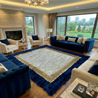 Luxury Sheepskin Area Rug with Blue Border | Handmade Natural Fur