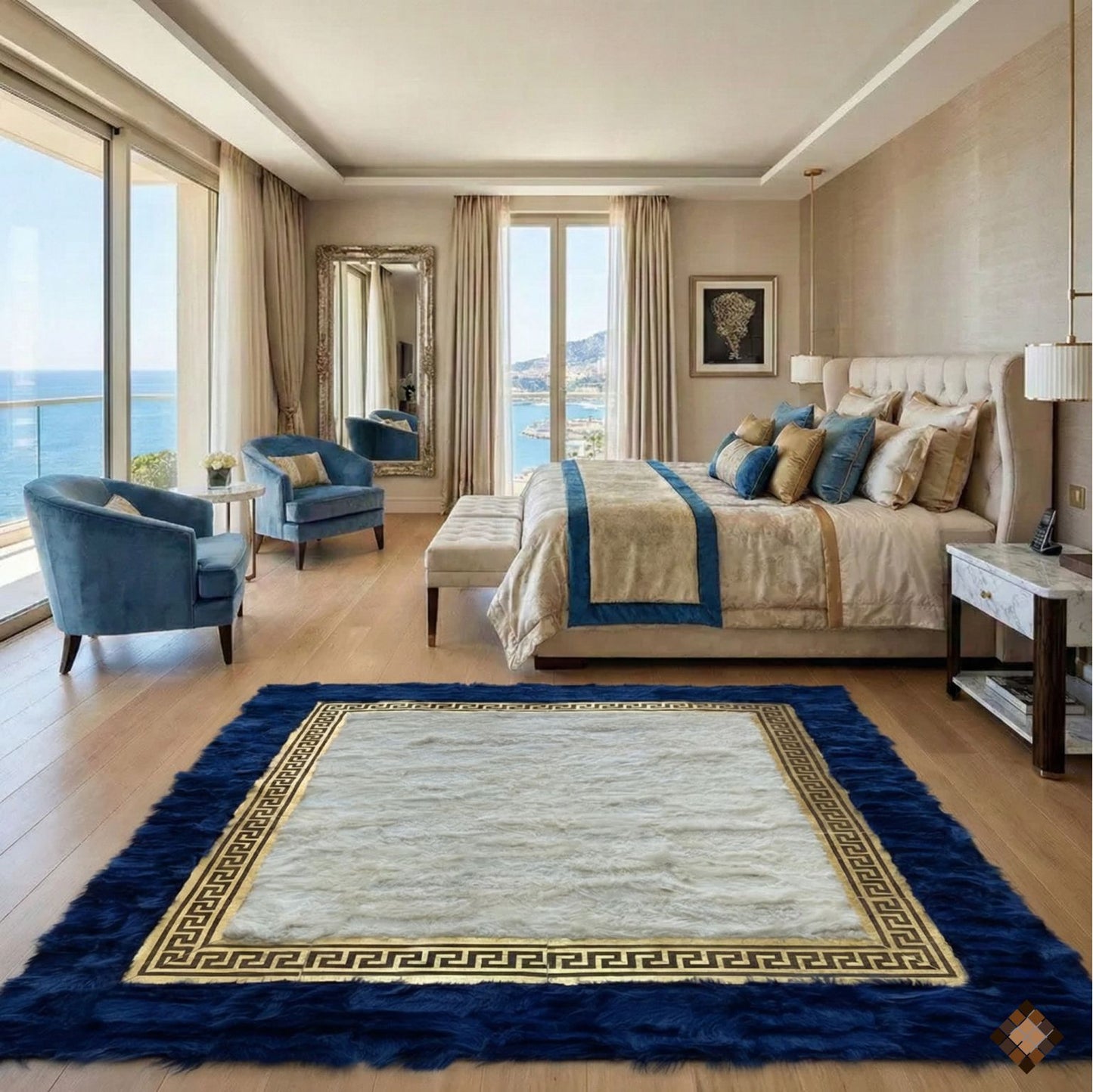 Royal Frame Sheepskin Area Rug with Deep Blue Border