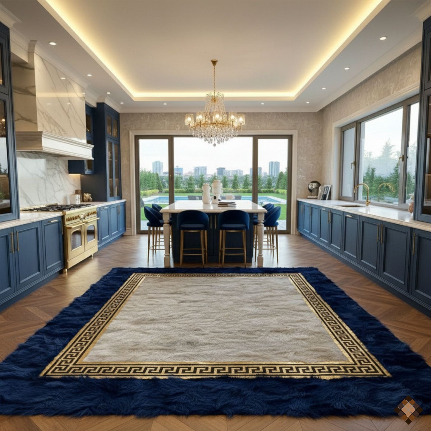 Royal Frame Sheepskin Area Rug with Deep Blue Border