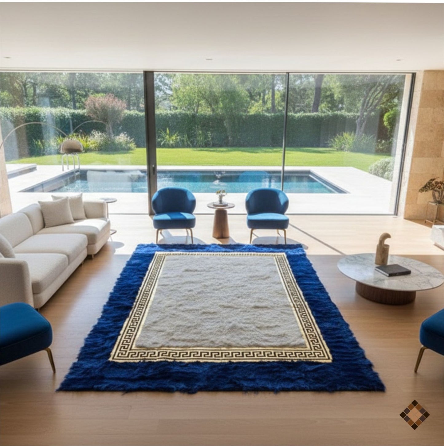 Royal Frame Sheepskin Area Rug with Deep Blue Border