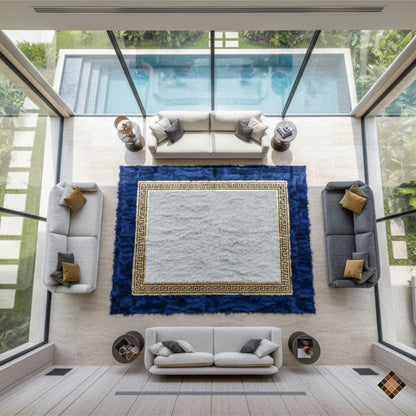 Royal Frame Sheepskin Area Rug with Deep Blue Border