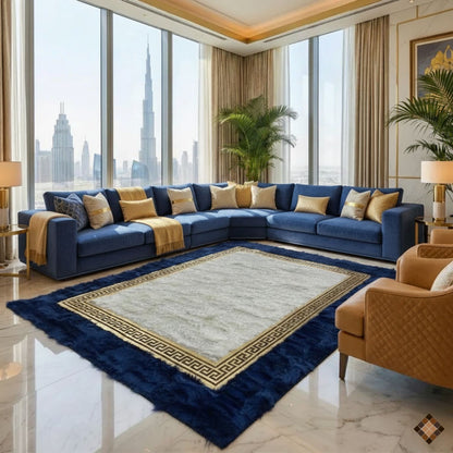 Royal Frame Sheepskin Area Rug with Deep Blue Border