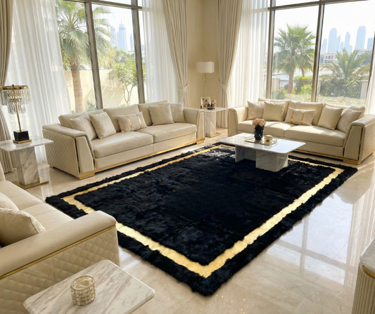 Scandinavian handmade natural sheepskin black and gold 6x8 bedroom rug in modern living room