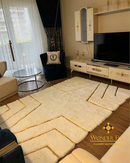 Shaggy Fluffy Handmade White And Gold Faux Fur Living Room Soft Carpet