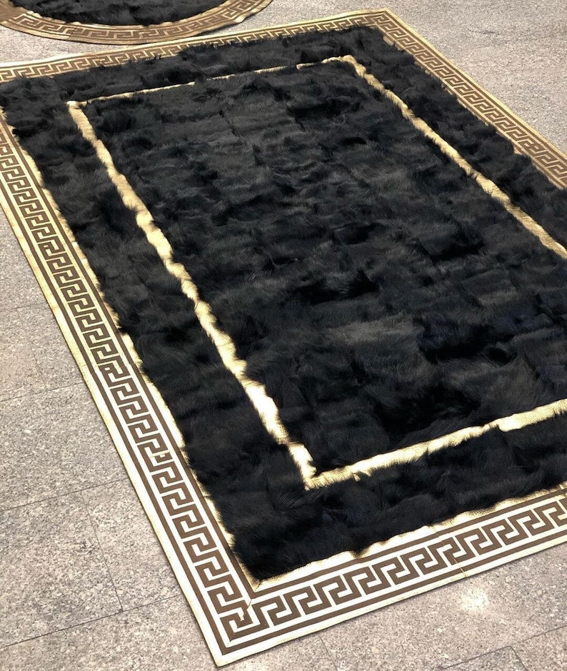 Shaggy Soft Fluffy Black Gold Sheepskin Bedroom Rug , Real Leather Rug