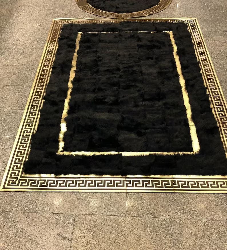 Shaggy Soft Fluffy Black Gold Sheepskin Bedroom Rug , Real Leather Rug