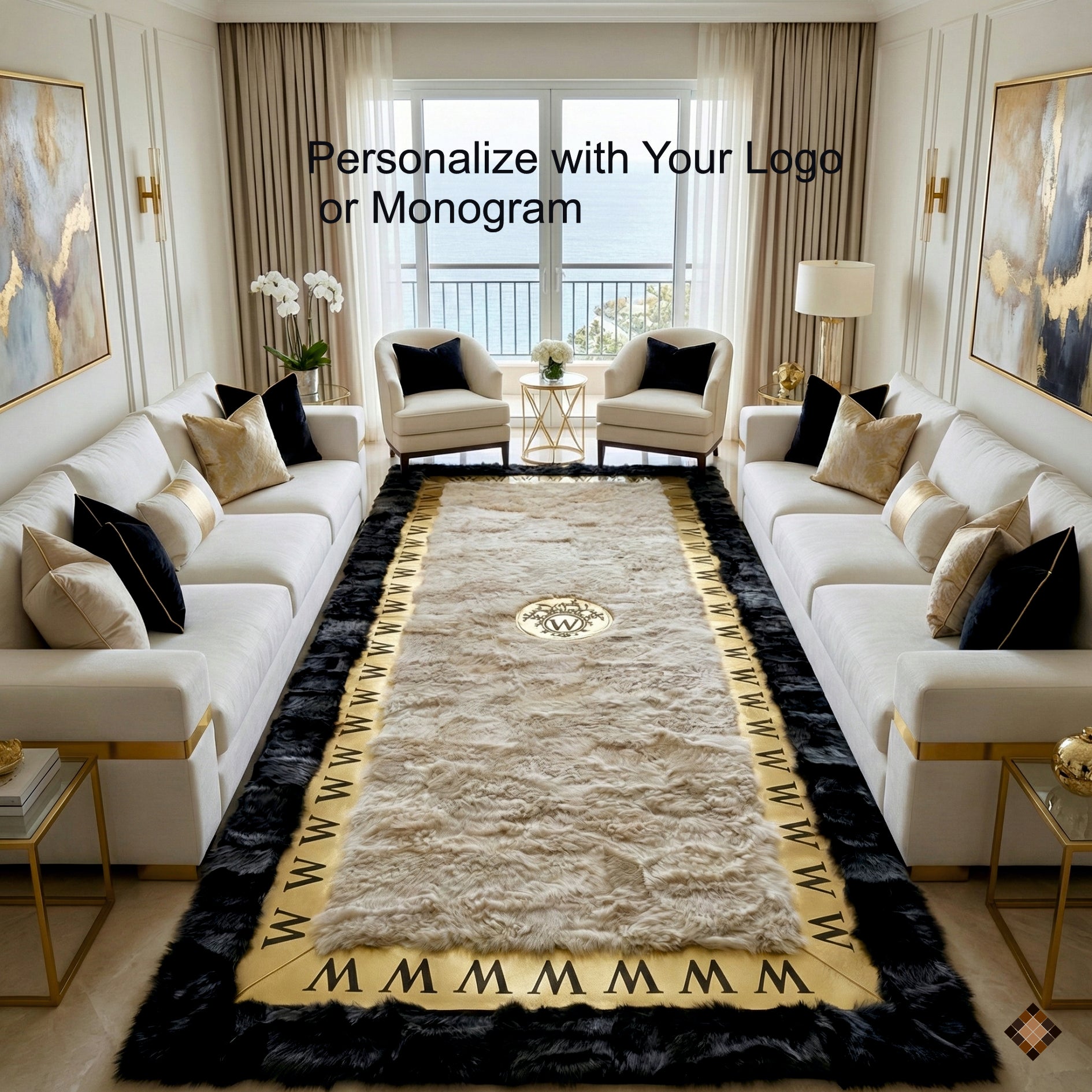 Design your own luxury sheepskin rug with custom logo or initials. Handmade, premium, and tailored to your space in any size.