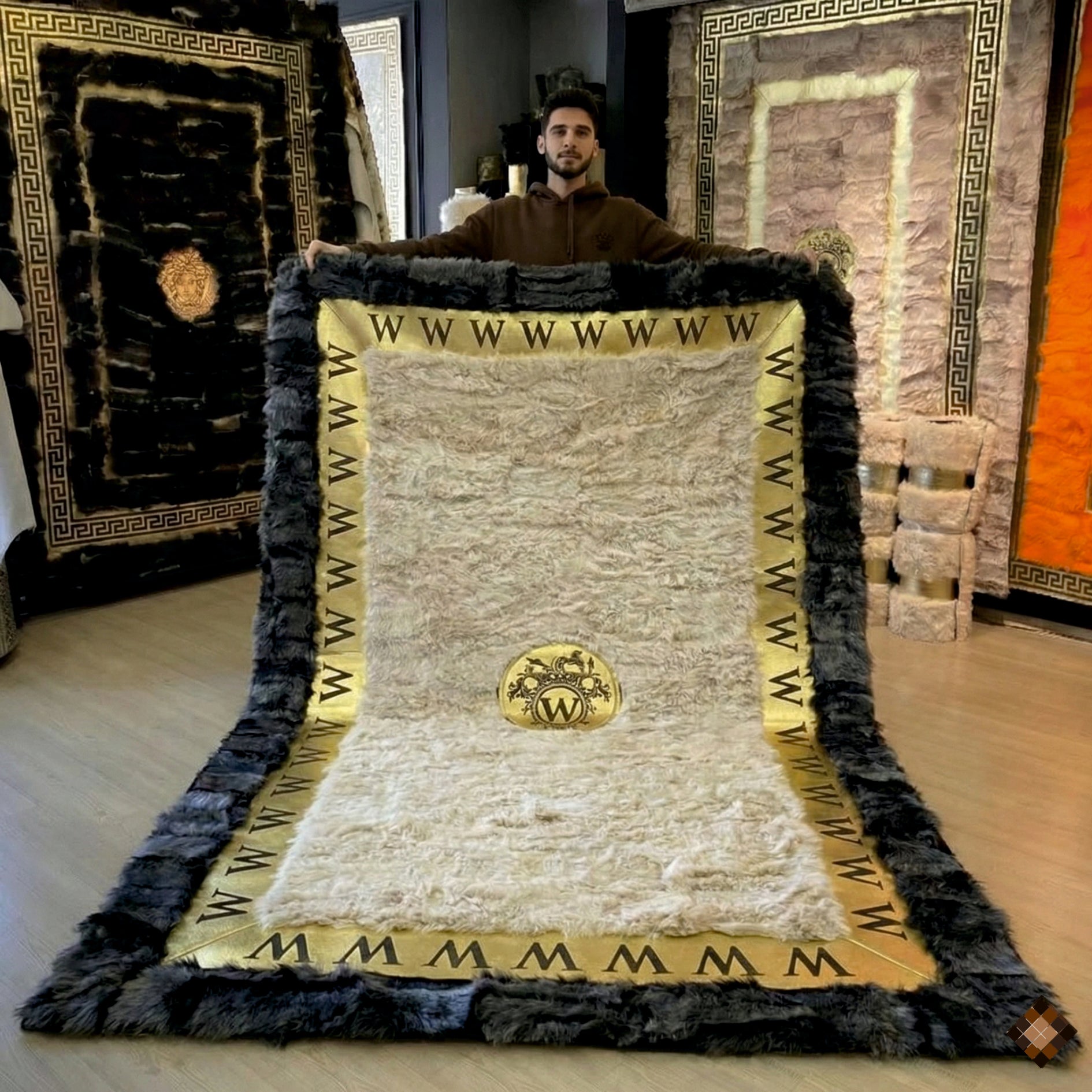 Design your own luxury sheepskin rug with custom logo or initials. Handmade, premium, and tailored to your space in any size.