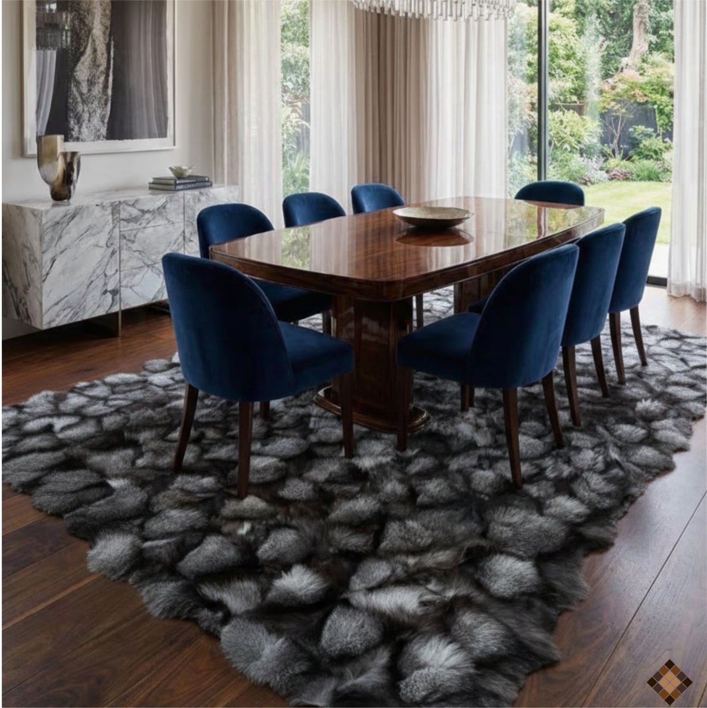 Handmade Silver Gray Fox Fur Luxury Area Rug