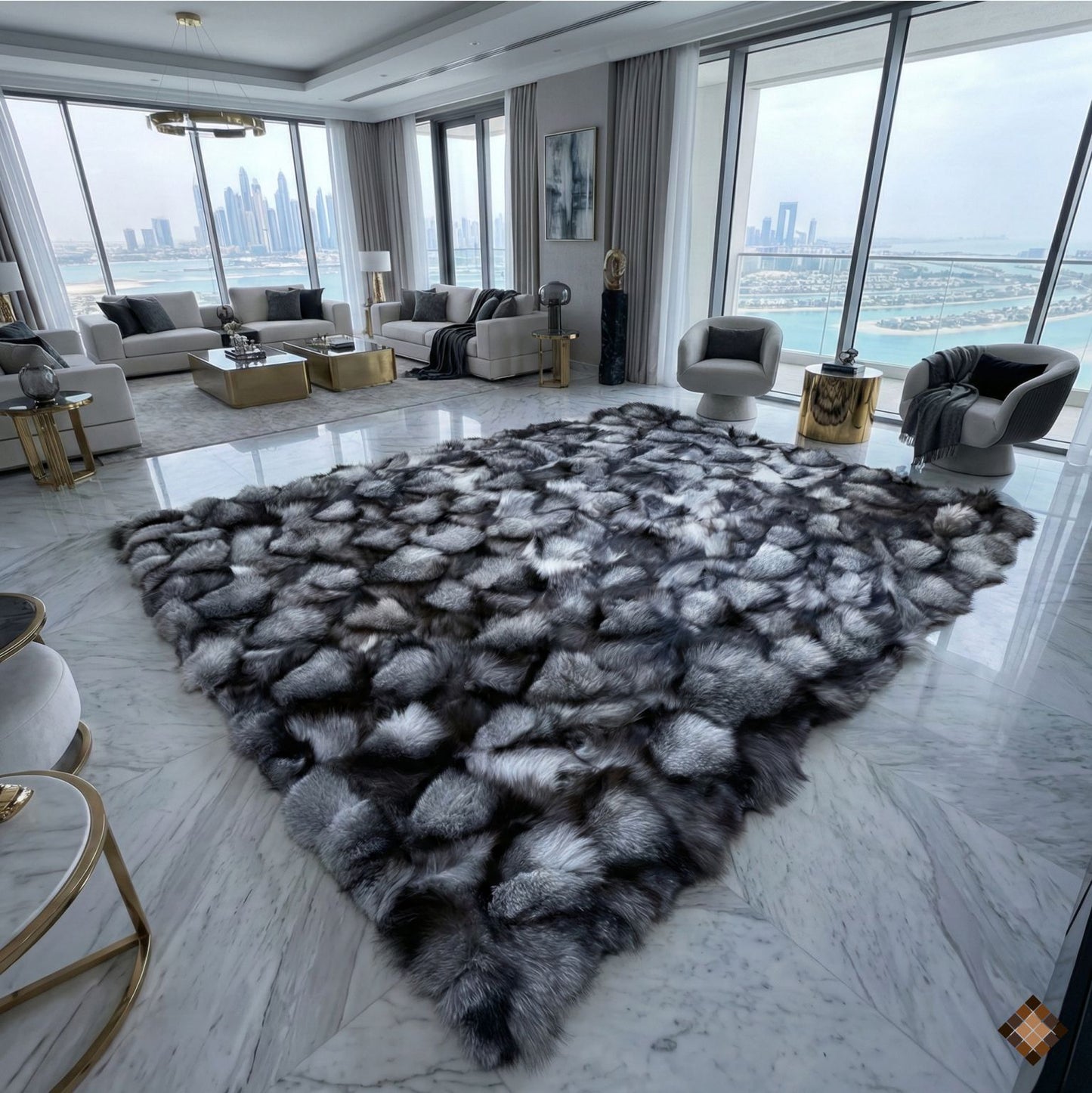 Handmade Silver Gray Fox Fur Luxury Area Rug