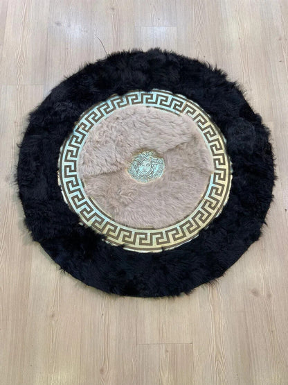 Luxury Soft Handmade Black Beige Natural Sheepskin Round Non Slip Rug