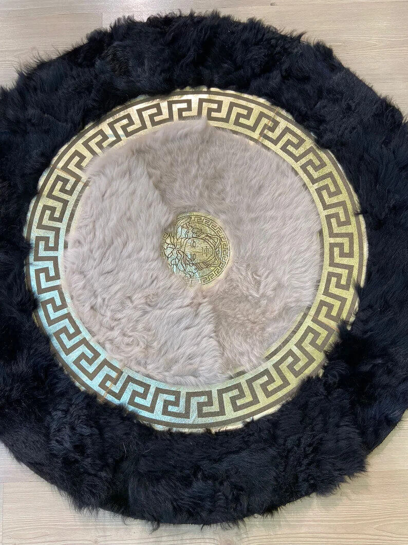 Luxury Soft Handmade Black Beige Natural Sheepskin Round Non Slip Rug