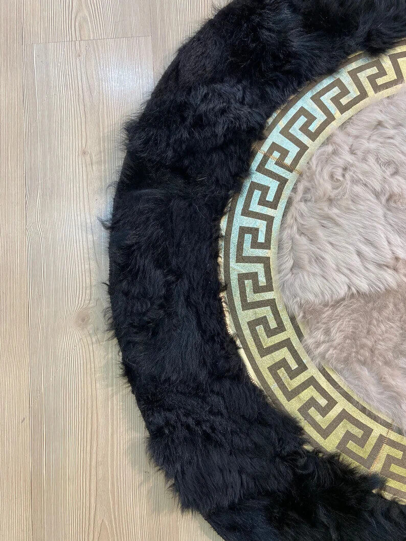 Luxury Soft Handmade Black Beige Natural Sheepskin Round Non Slip Rug