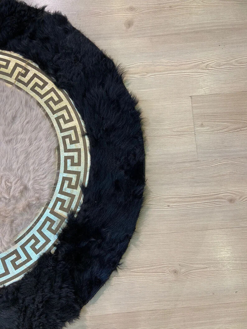 Luxury Soft Handmade Black Beige Natural Sheepskin Round Non Slip Rug