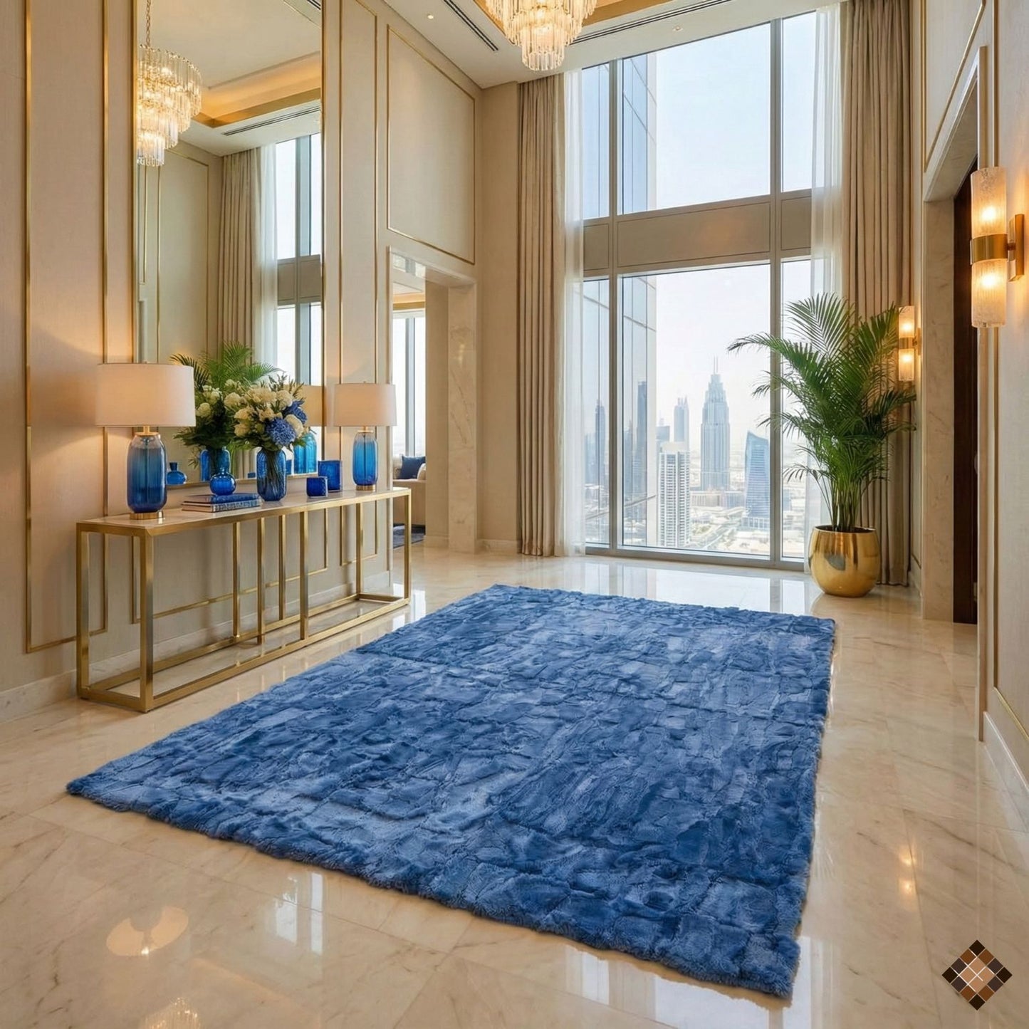 Genuine Light Blue Rabbit Fur Rug – Handmade Luxury Accent