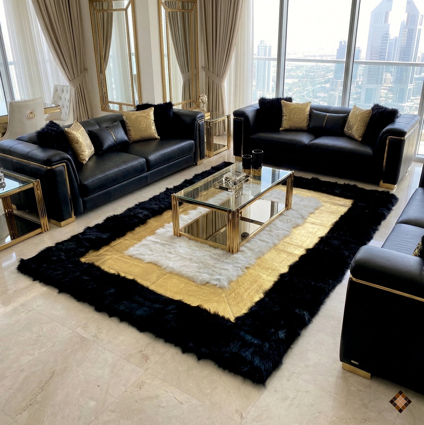 Luxury Black Gold Ivory Handmade Sheepskin Area Rug