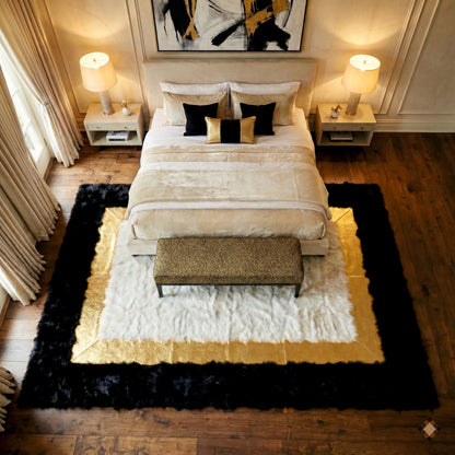 Luxury Black Gold Ivory Handmade Sheepskin Area Rug