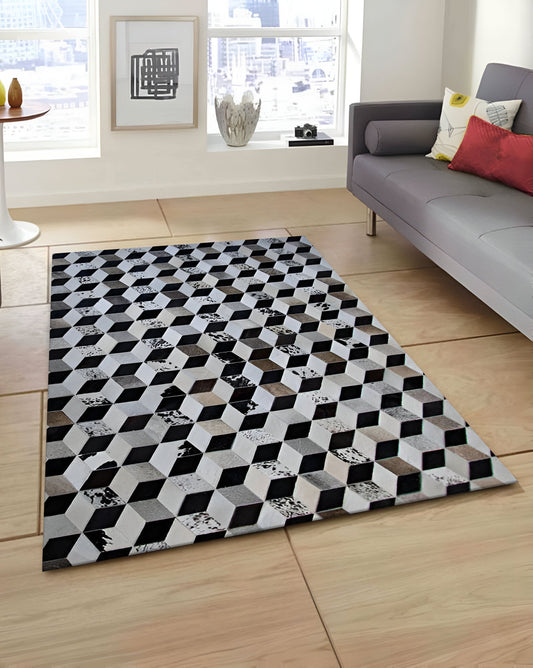 Tricolor 100% Genuine Leather Cowhide Area Rug, Handmade Cow Skin Carpet