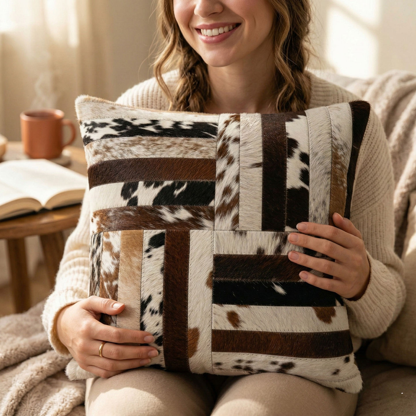 Tricolor Cowhide Patchwork Pillow - Handamde Pillow Cover