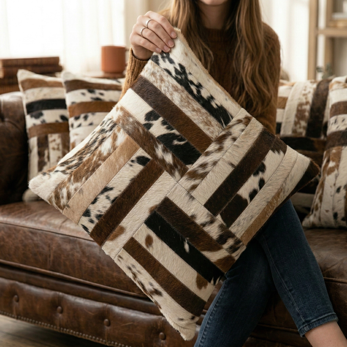 Tricolor Cowhide Patchwork Pillow - Handamde Pillow Cover