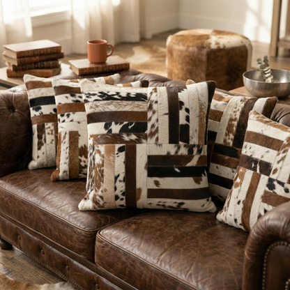 Tricolor Cowhide Patchwork Pillow - Handamde Pillow Cover